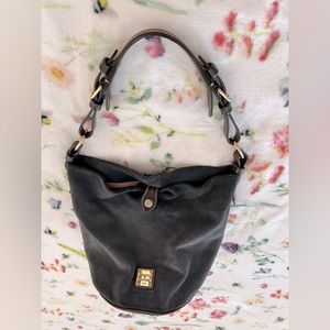 Dooney And Bourke blue suede bucket purse w/ leather accents.clean inside & out!